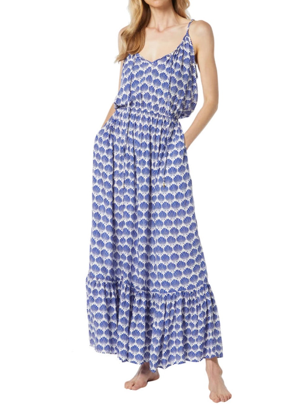 Kate Spade Blue White Shells Print Tiered Maxi Dress Large